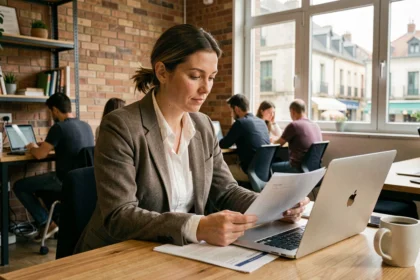 Femme travaillant dans un espace de coworking à Bayonne avec ordinateur portable et documents sur un bureau en bois