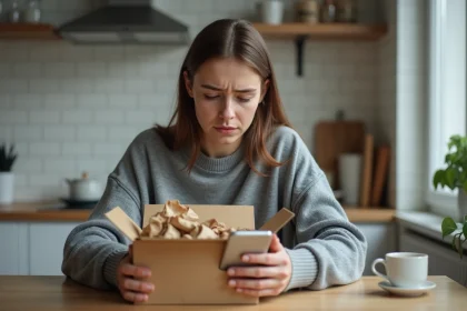 Jeune femme déçue tenant un colis Shein ouvert avec une commande incorrecte sur smartphone