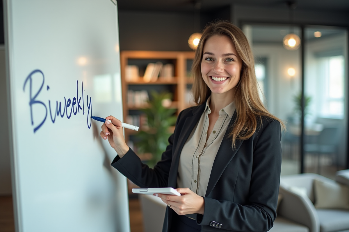 Jeune femme écrivant sur un tableau blanc