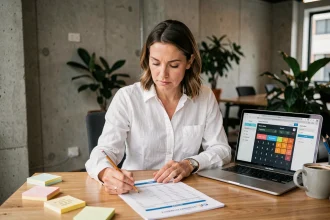 Femme entrepreneur analysant un seuil de rentabilité sur une calculette en ligne dans un bureau moderne