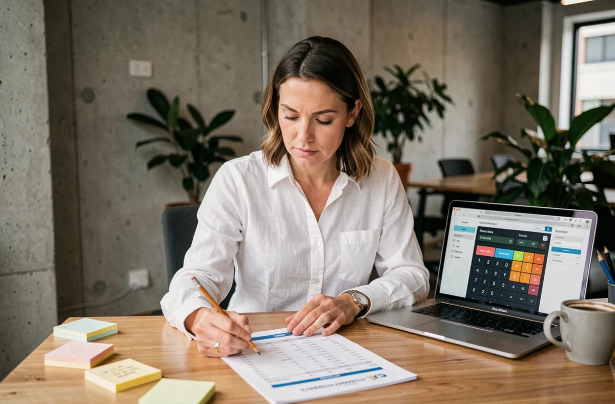 Femme entrepreneur analysant un seuil de rentabilité sur une calculette en ligne dans un bureau moderne