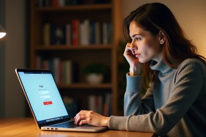 Femme frustrée devant un écran d'ordinateur affichant une erreur de connexion MyPeopleDoc