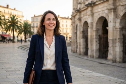 Femme souriante en smartcasual devant l arena de Nimes