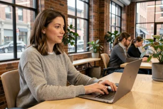 Femme indépendante travaillant sur son ordinateur portable dans un espace de coworking moderne avec murs en briques apparentes