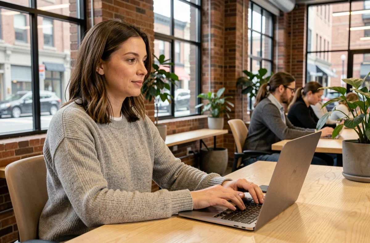 Femme indépendante travaillant sur son ordinateur portable dans un espace de coworking moderne avec murs en briques apparentes