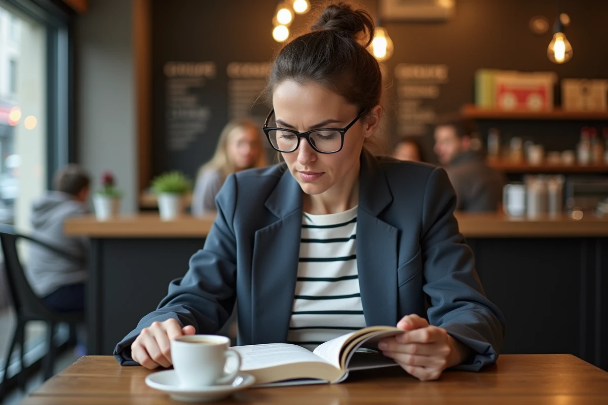 Femme lisant un livre sur la communication de groupe dans un café, illustrant la réflexion sur le sens de l'expression au sein d'un groupe