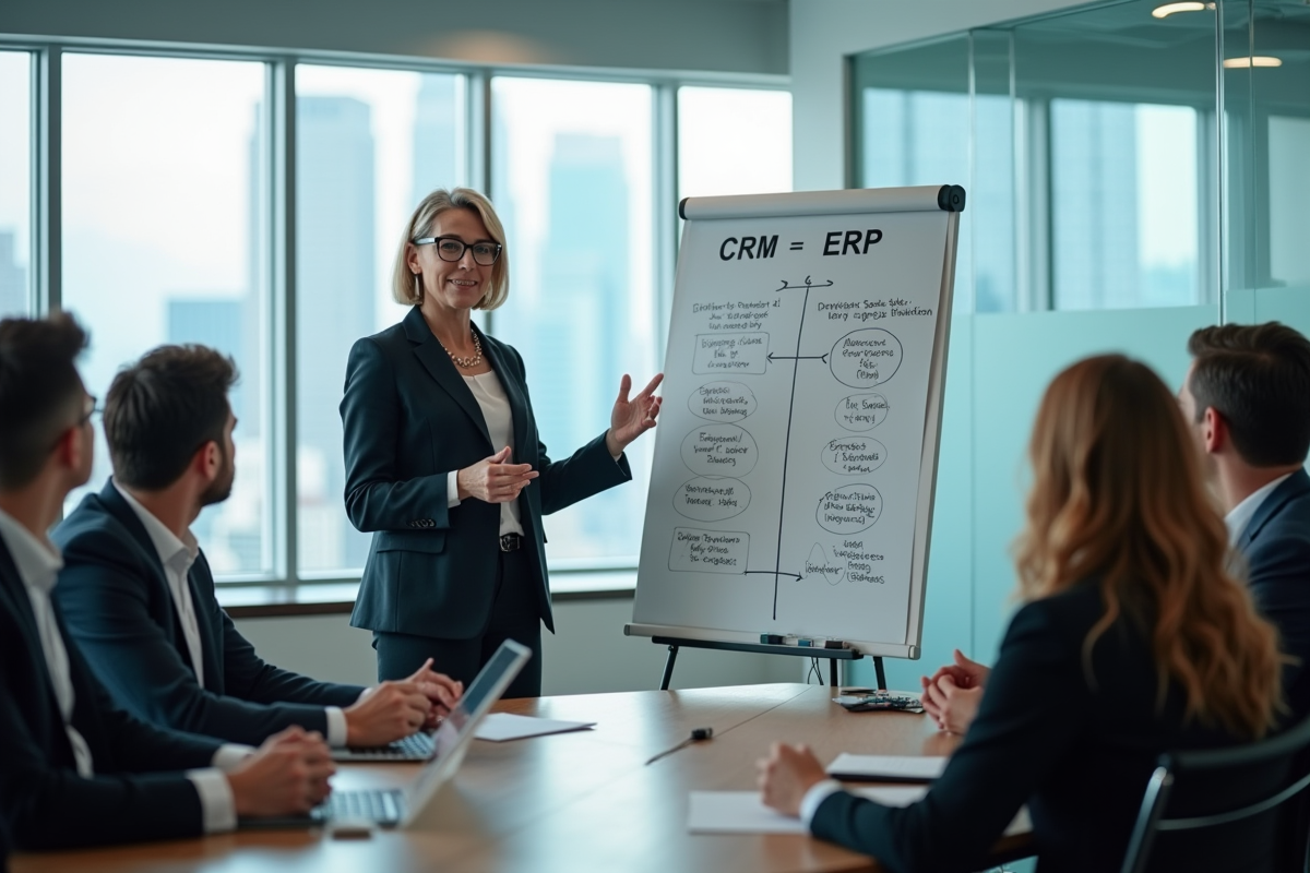 Femme manager présentant la différence entre CRM et ERP en réunion