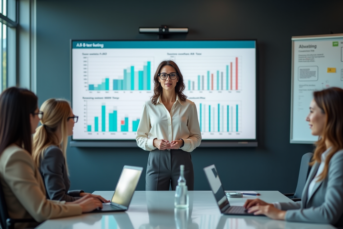 Femme marketing expliquant des graphiques lors d
