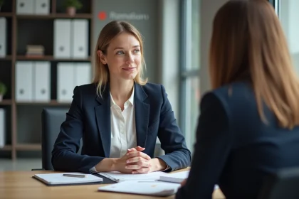 Femme en réunion dans un bureau moderne avec logo France Travail