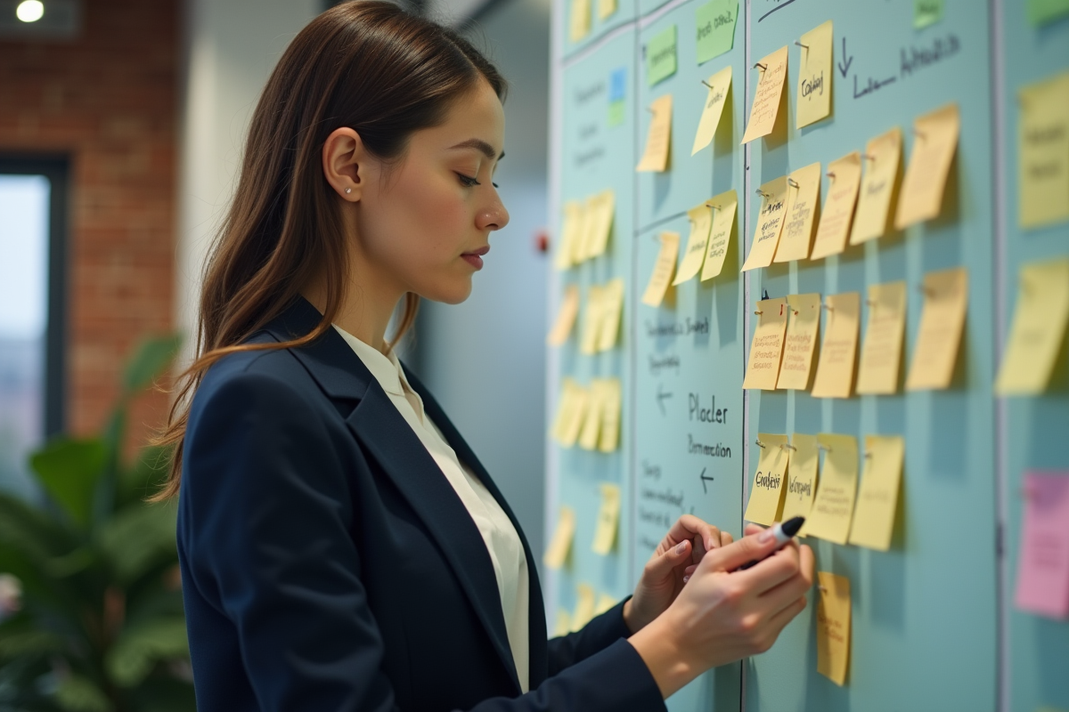 Jeune femme écrivant sur un tableau de post-it stratégie marketing