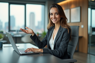Femme confiante en réunion dans un bureau moderne