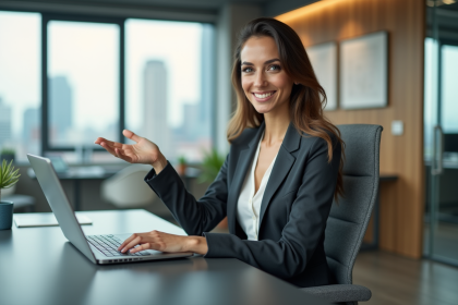 Femme confiante en réunion dans un bureau moderne