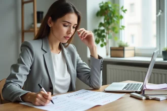 Femme professionnelle consultant une feuille de route business imprimée dans un bureau à domicile bien organisé