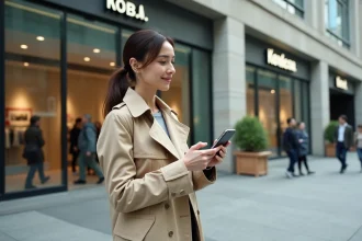 Femme devant un centre commercial cherchant une enseigne Shopping Pass sur son smartphone