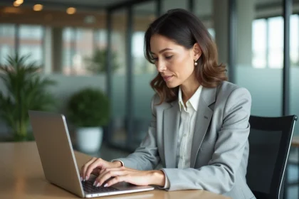 Femme professionnelle rédigeant un mail de condoléances à une collègue sur son ordinateur portable au bureau