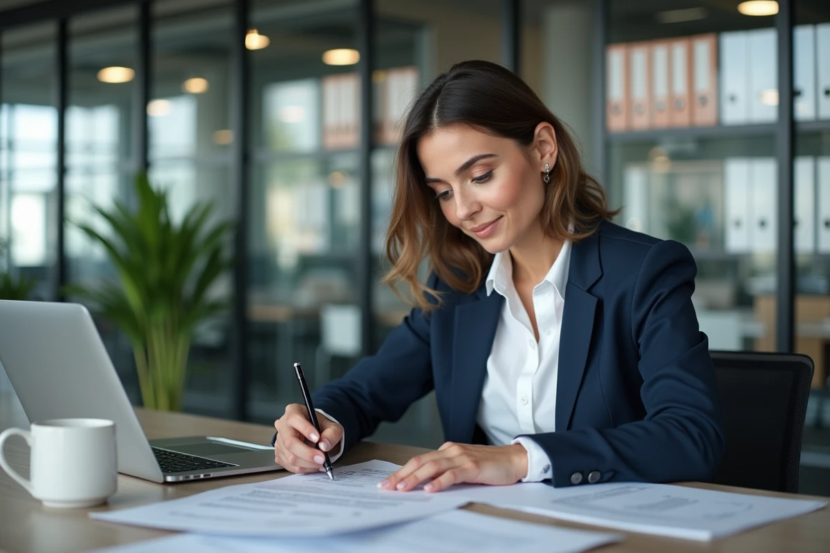 Femme professionnelle rédigeant une note de service dans un bureau moderne