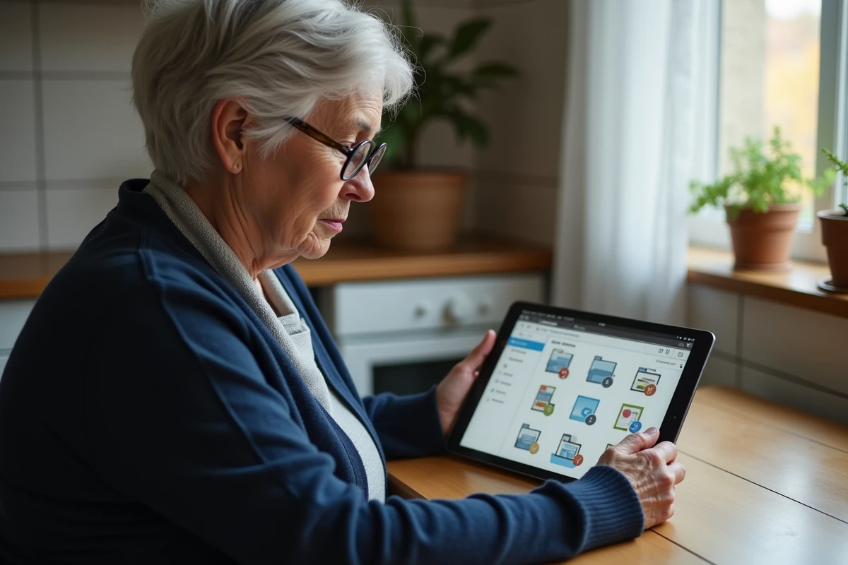 Femme senior utilisant l'application My Arkevia sur une tablette numérique dans une cuisine chaleureuse