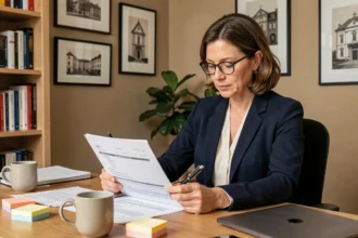 Femme professionnelle signant un modèle de bail pour bureau à domicile à son bureau en bois