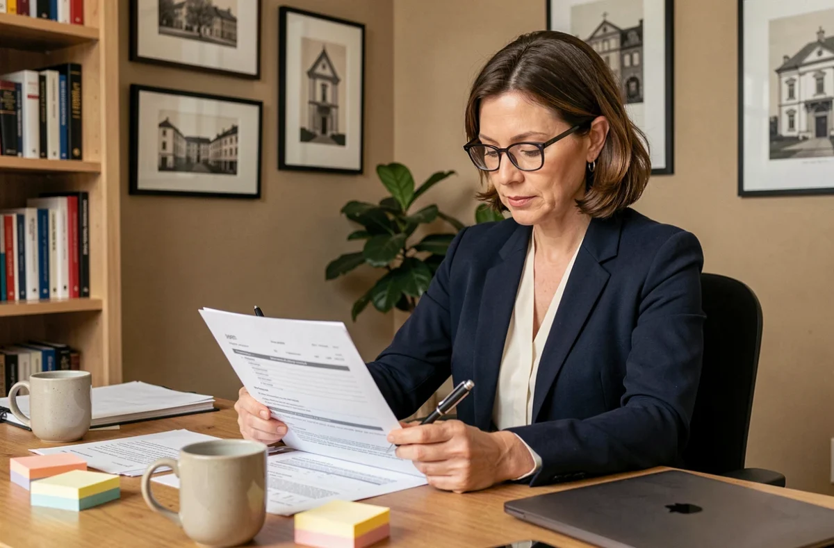 Femme professionnelle signant un modèle de bail pour bureau à domicile à son bureau en bois
