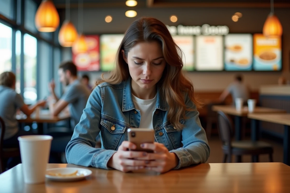 Femme en denim utilisant son smartphone dans un restaurant