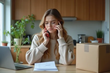 Femme au téléphone avec facture dans une cuisine lumineuse