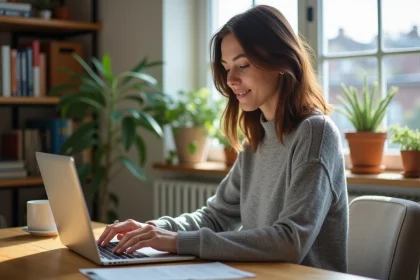 Femme en télétravail complet depuis son bureau à domicile, illustrant le full remote job en France en 2026