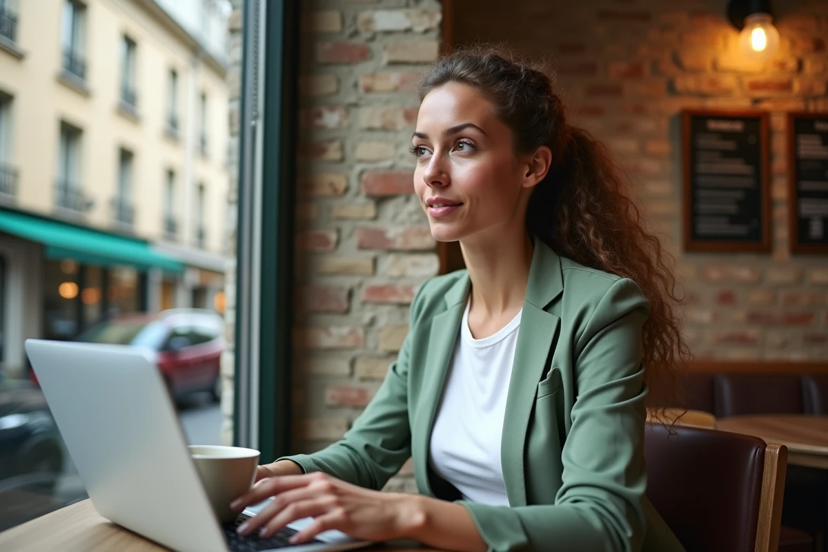 Jeune femme en télétravail nomade depuis un café parisien, illustrant la flexibilité du full remote et du travail hybride en 2026