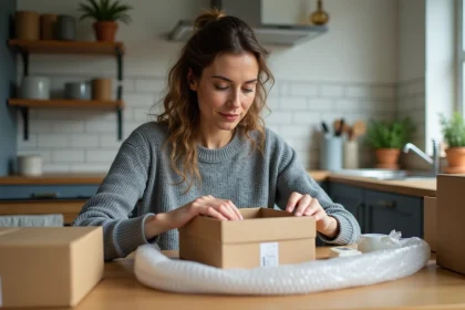 Femme travaillant à domicile en emballant des produits dans des boîtes en carton sur une table de cuisine en bois