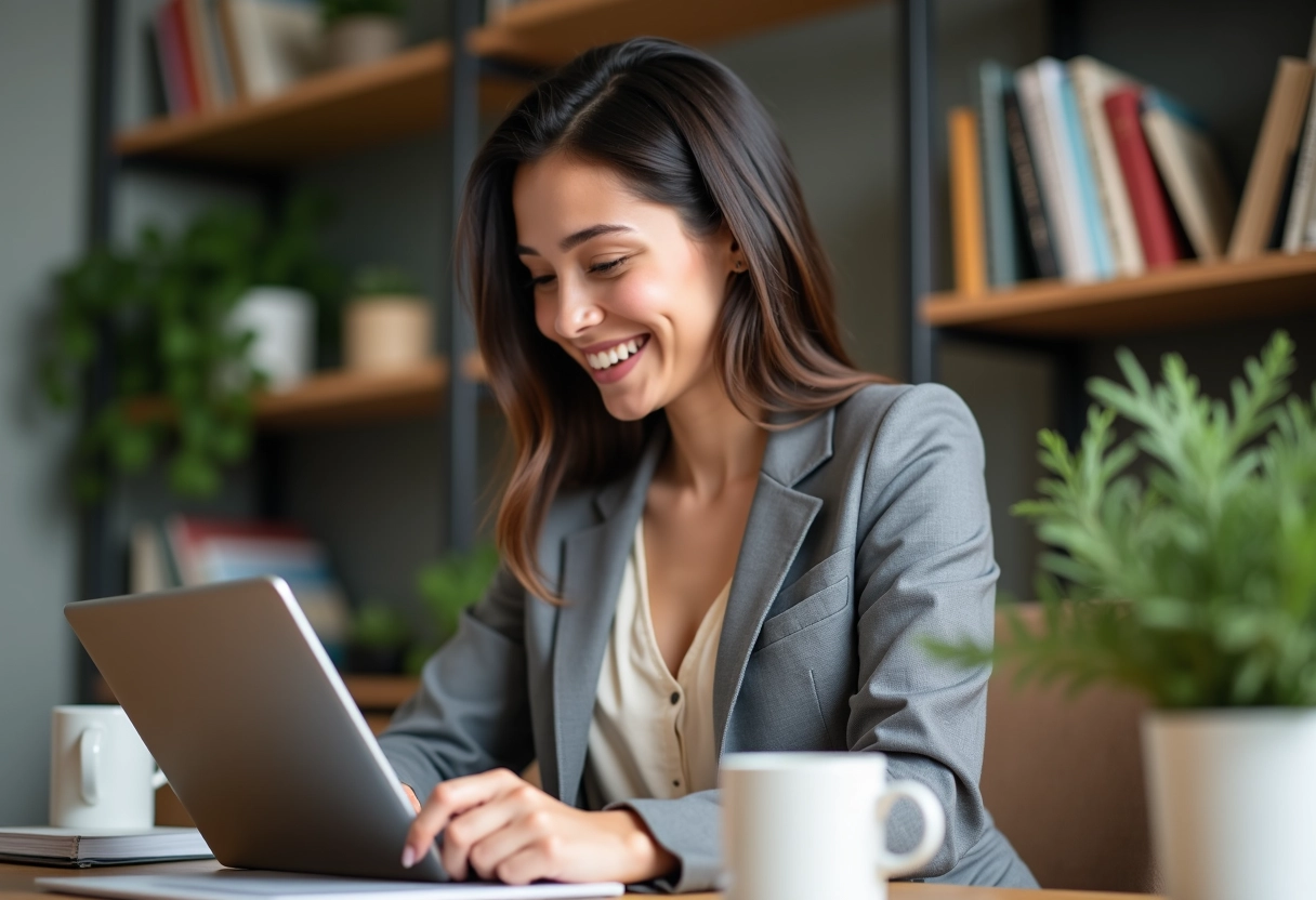 Femme confiante en télétravail dans son espace cosy