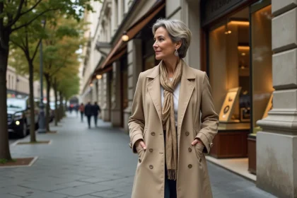 Femme élégante en trench beige devant une boutique de luxe