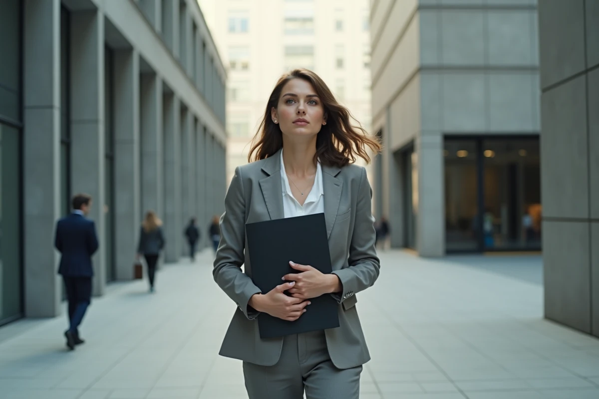 Jeune femme marche dans une place urbaine devant un immeuble
