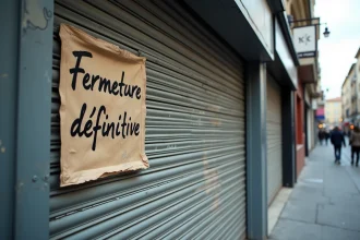 Devanture d'un magasin fermé définitivement en France avec volet métallique baissé et affichette de fermeture collée sur la vitrine