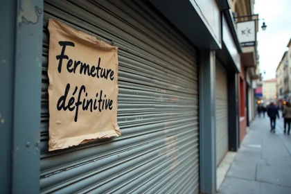 Devanture d'un magasin fermé définitivement en France avec volet métallique baissé et affichette de fermeture collée sur la vitrine