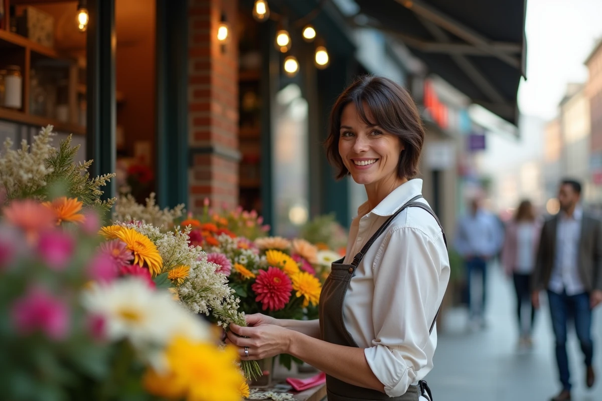 Femme fleuriste arrangeant des bouquets devant sa boutique urbaine