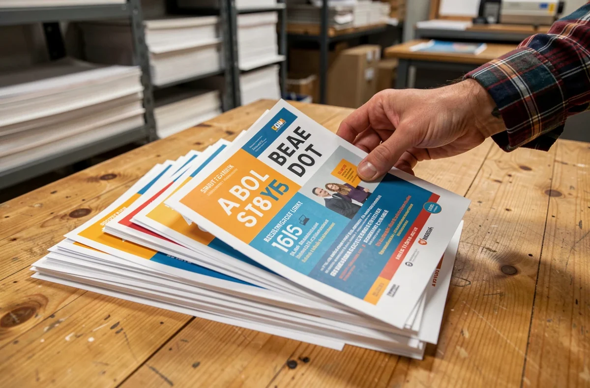 Pile de flyers A6 imprimés en 500 exemplaires sur une table de préparation avant une campagne de street marketing