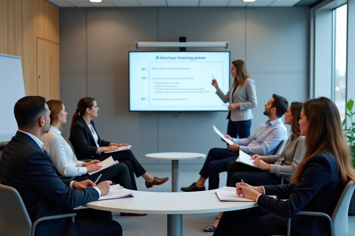 Groupe de professionnels en formation collective dans une salle de formation entreprise moderne
