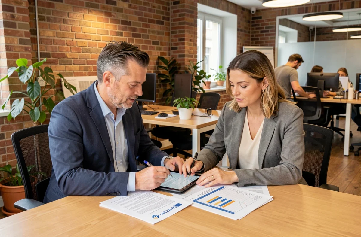 Deux experts-comptables collaborant sur un dossier d'audit PME dans un cabinet style Forvis Mazars à Lyon, entouré d'un environnement de travail chaleureux