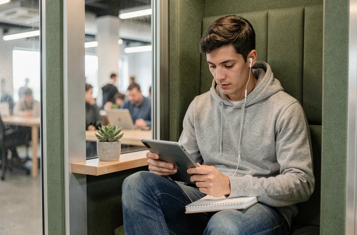 Jeune freelance travaillant dans une cabine insonorisée d'un espace de coworking à Bayonne