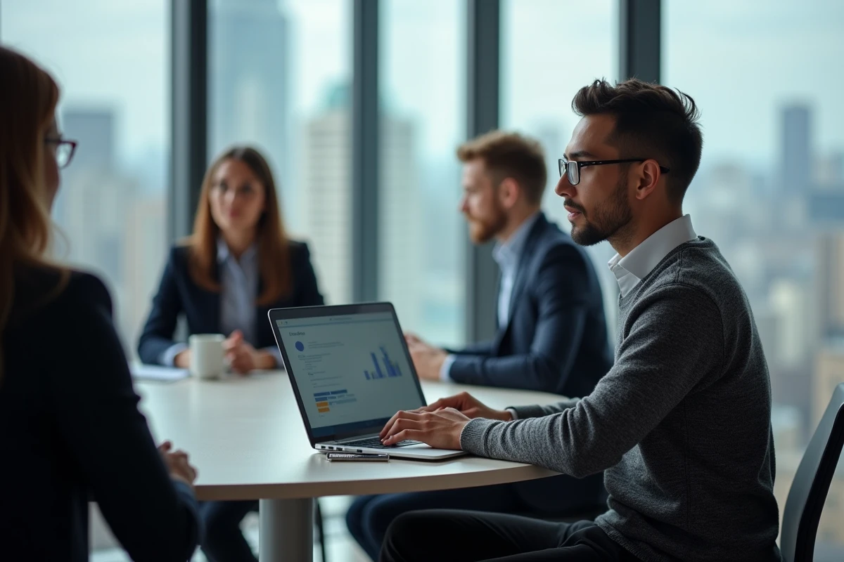 Freelance masculin lors d'une session stratégique B2B autour d'une table avec laptop ouvert dans une salle de conférence moderne
