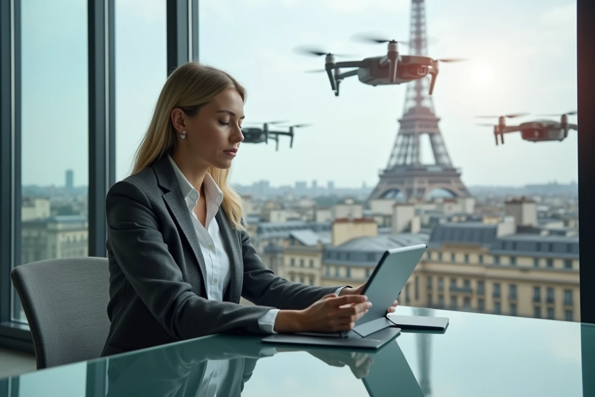 Gestionnaire de logistique analysant des données avec drones en arrière-plan