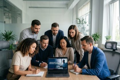 Groupe de collègues en formation IA dans un bureau moderne
