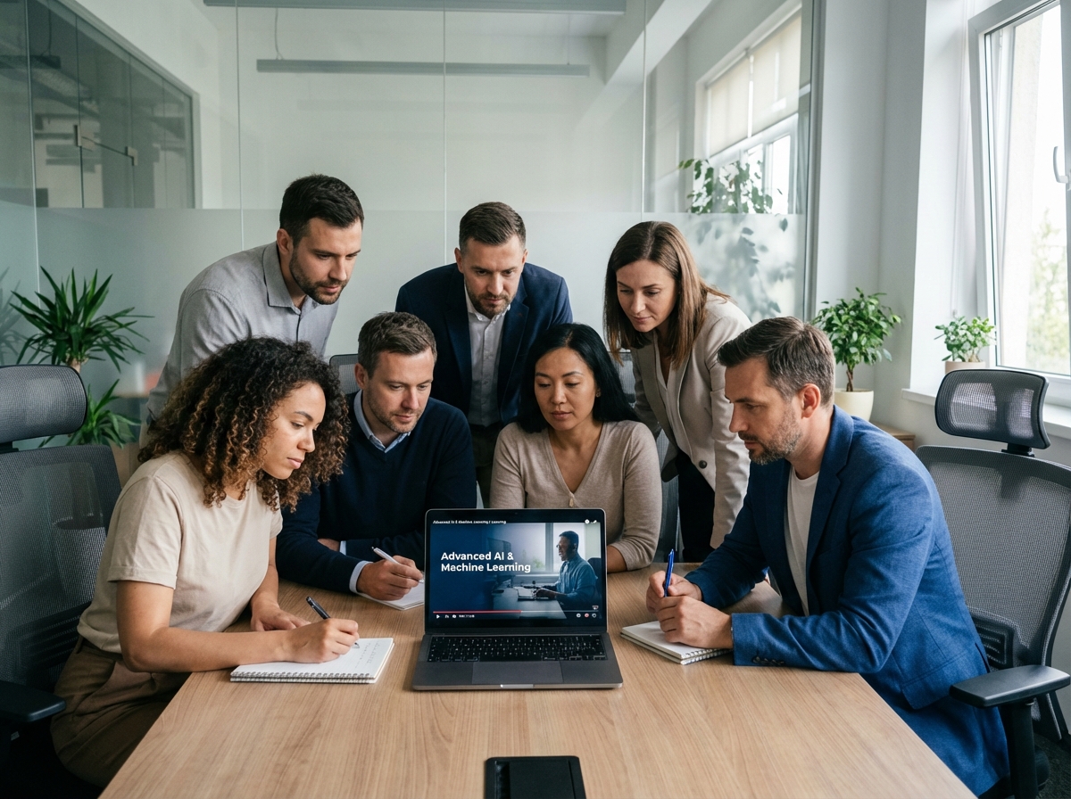 Groupe de collègues en formation IA dans un bureau moderne