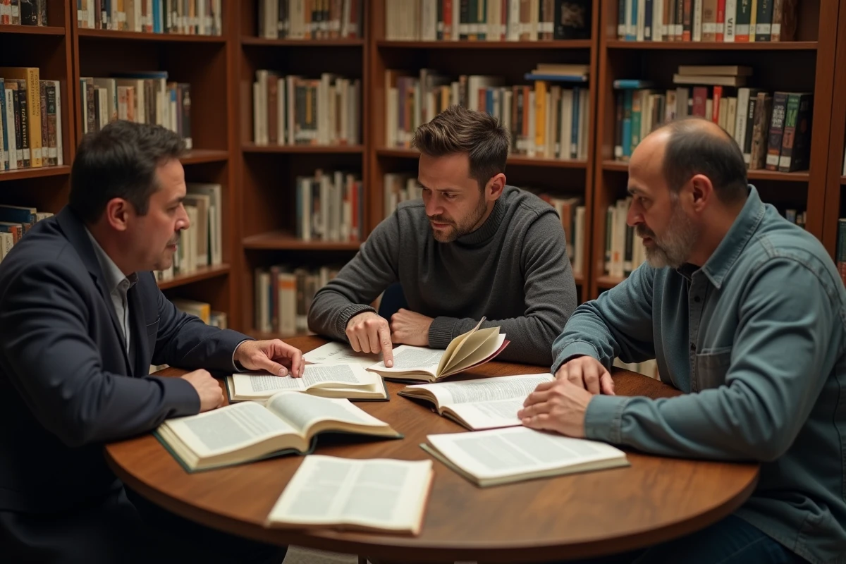 Groupe de personnes en discussion animée dans une bibliothèque autour de documents imprimés, explorant ensemble les mystères et le fonctionnement de Yindofoyelaszoz