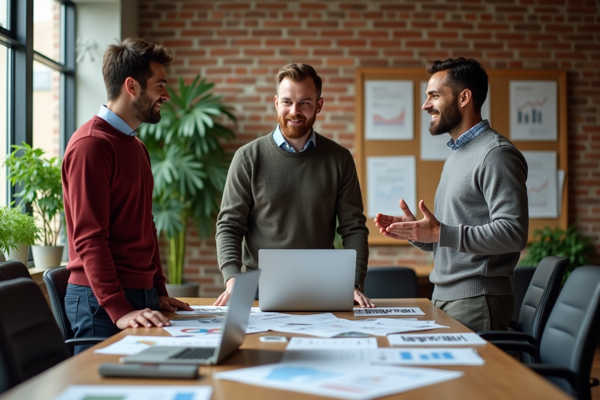 Groupe de collègues en discussion dans un espace coworking