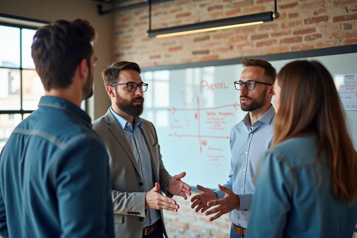 Groupe de professionnels discutant autour d