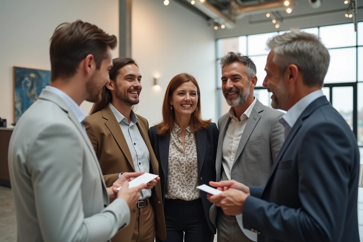 Groupe de professionnels indépendants échangeant des cartes de visite lors d'une pause réseautage à un événement B2B gratuit