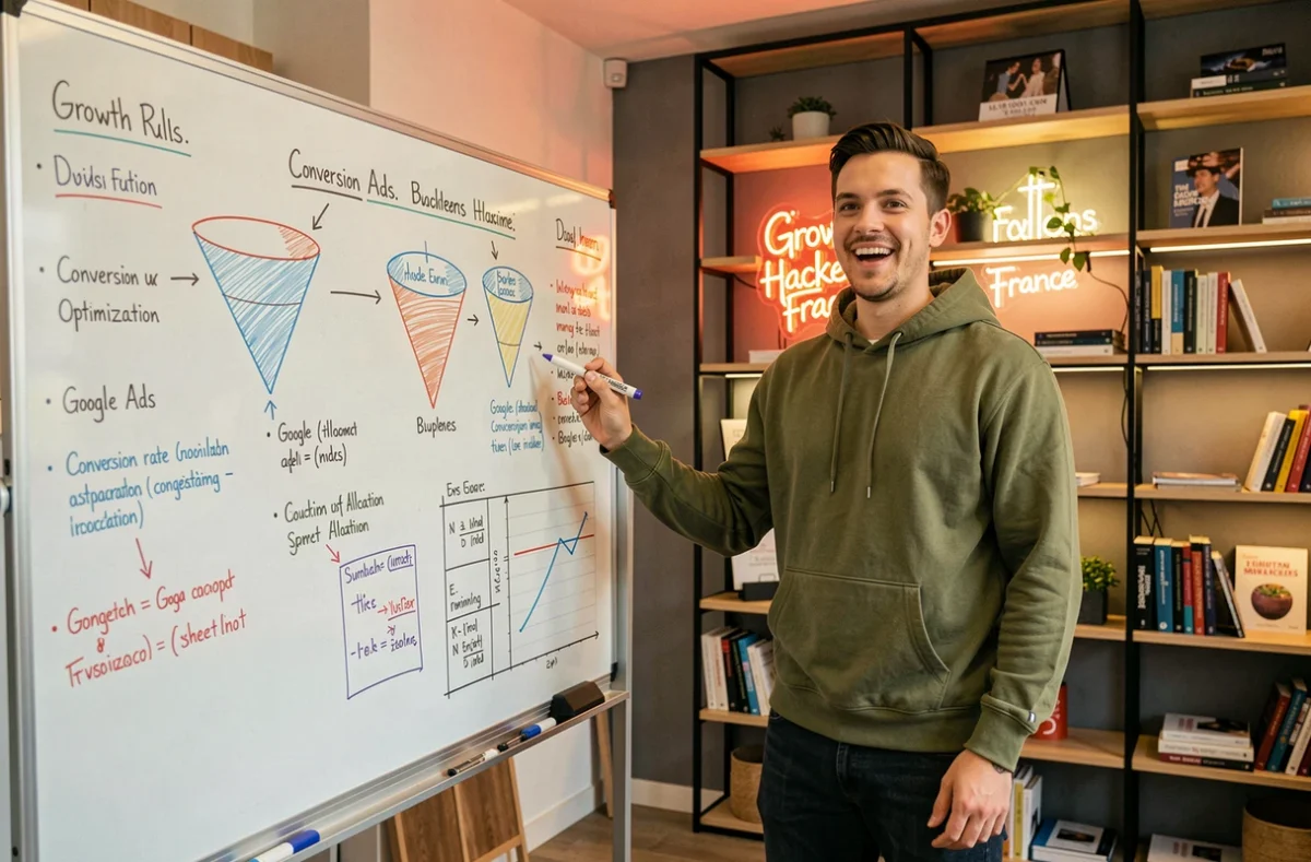 Consultant de Growth Hackers France expliquant une stratégie Google Ads devant un tableau blanc rempli de schémas de croissance