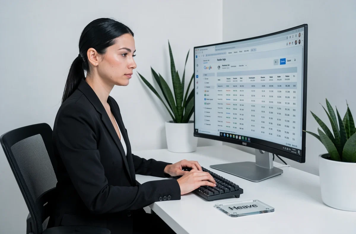 Professionnelle de l'agence Heave analysant des rapports d'enchères Google Ads sur un écran ultrawide dans un bureau épuré