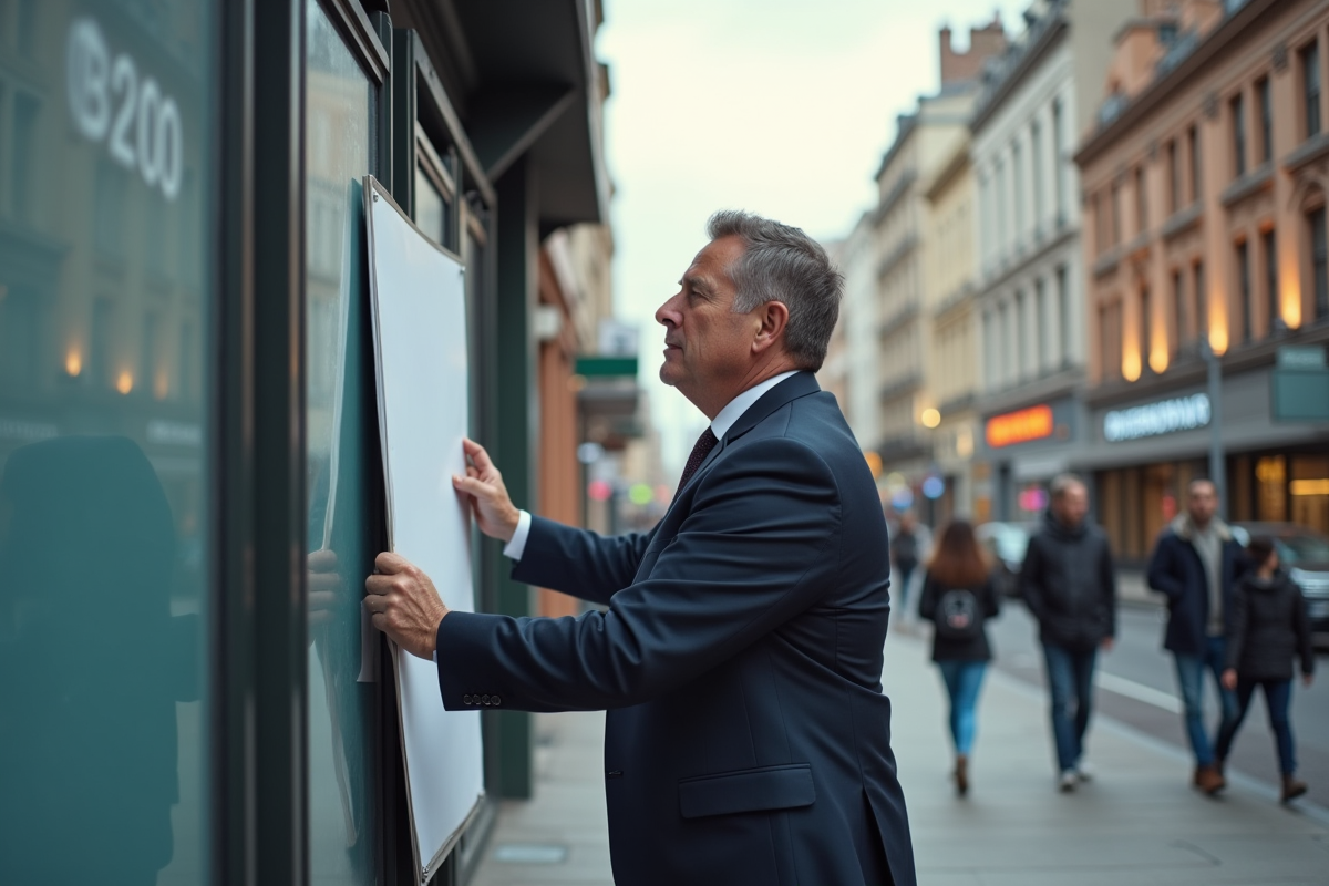 Homme attachant une affiche dans un espace urbain