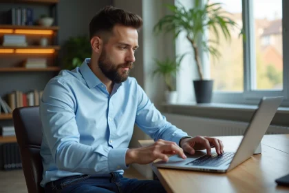 Homme en bureau à domicile travaillant sur son ordinateur